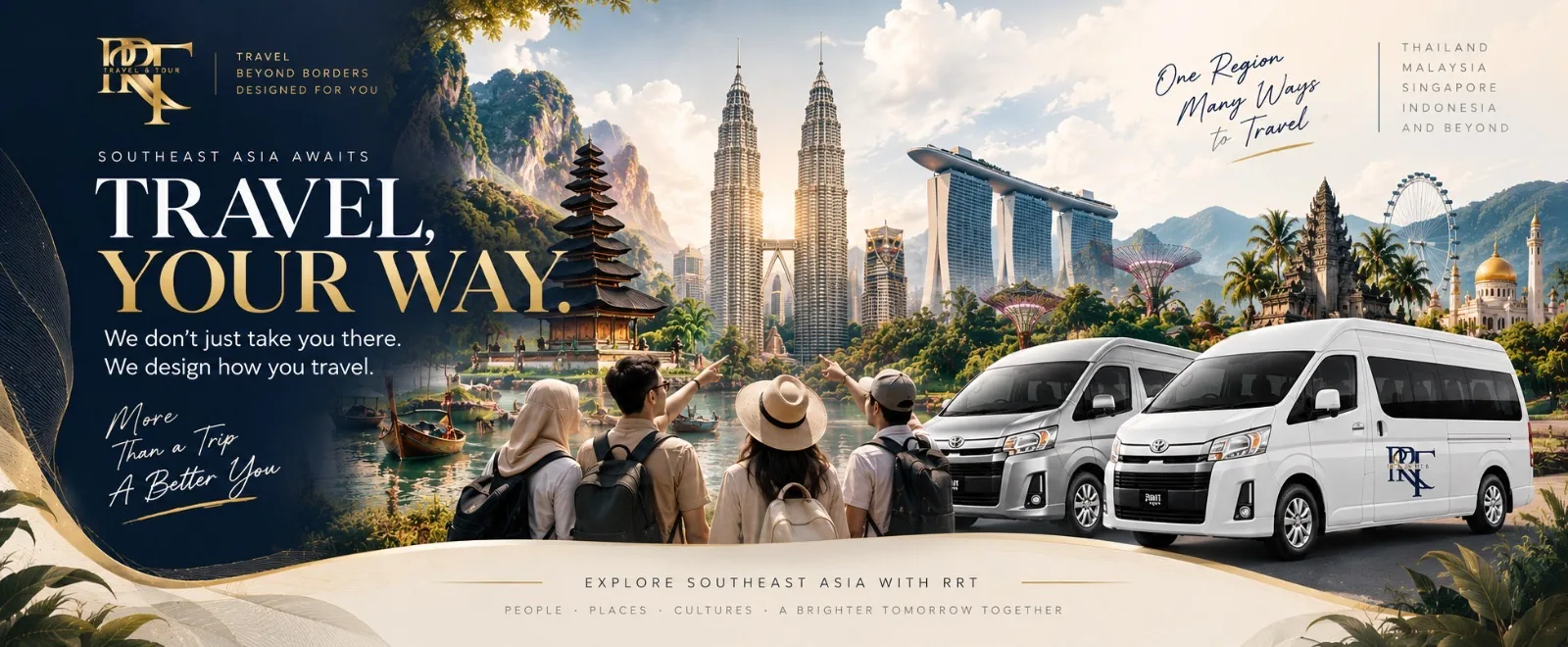 RRT Travel & Tour key visual — travellers looking out over Southeast Asian landmarks with two VIP vans